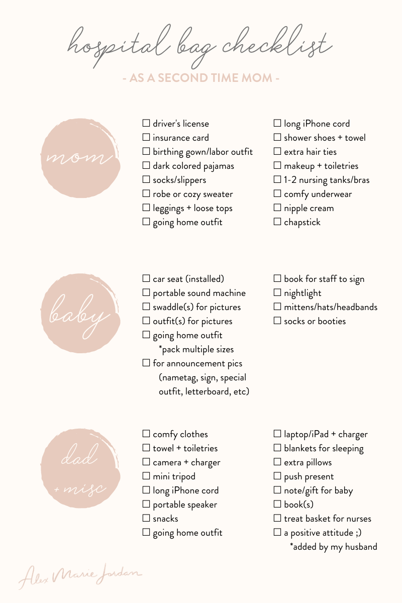 Printable hospital bag checklist for mom, dad, and baby to prep for birth and baby's arrival
