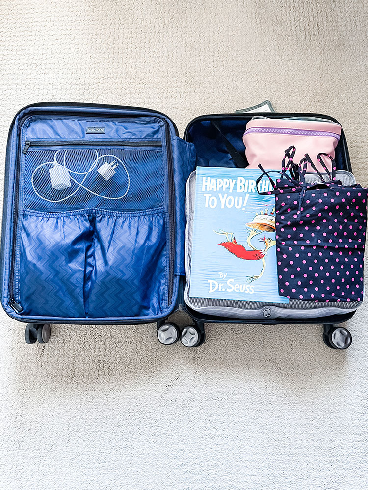 Open suitcase with Happy Birthday book and polka dot birthing gown on top