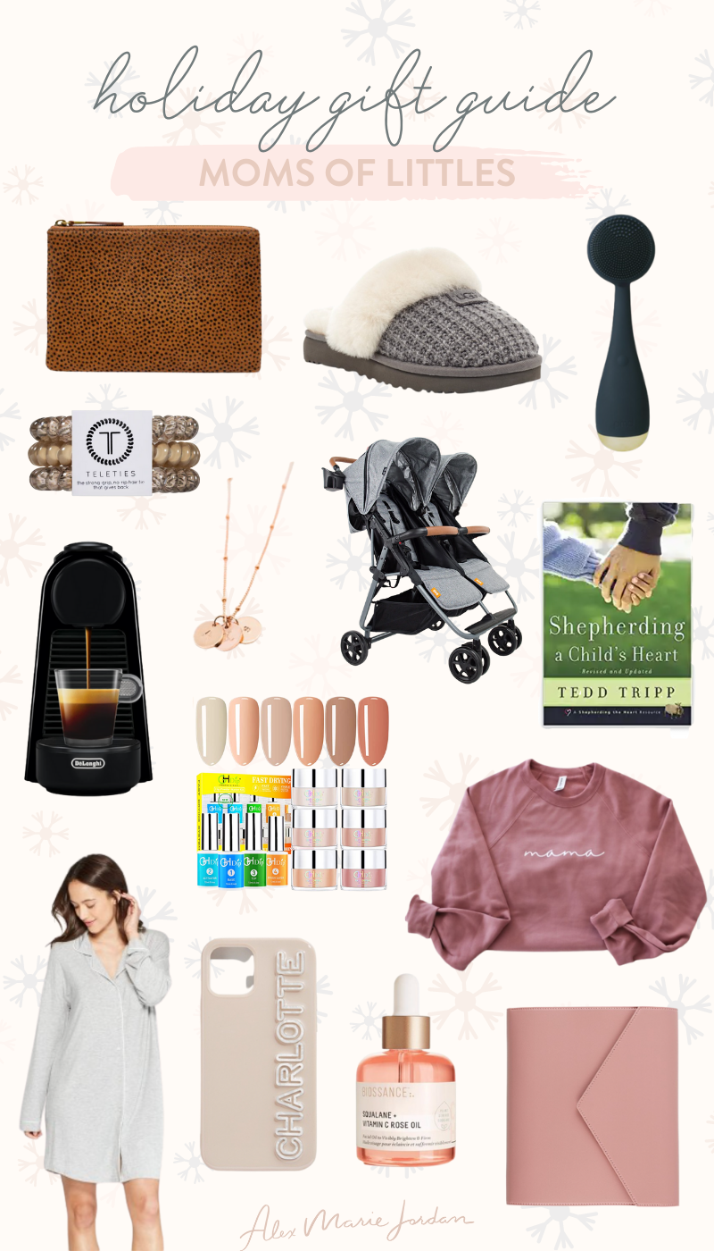 Shoppable photo collage with gift ideas for moms of little ones like slippers, a double stroller, personalized jewelry, cozy pajamas, and face oil. 