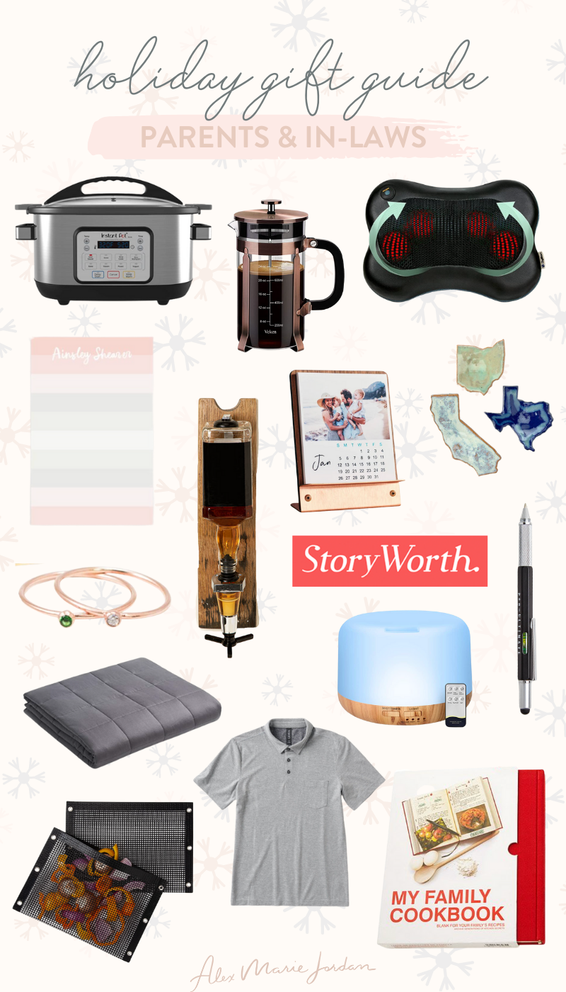 Shoppable photo collage with gift ideas for parents and in-laws like a french press, back massager, custom notepad, weighted blanket, essential oil diffuser and more.