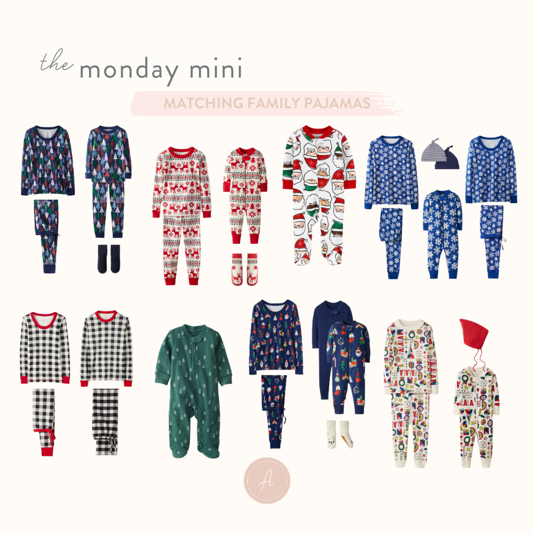 Shoppable photo collage with gift ideas for matching family pajamas.