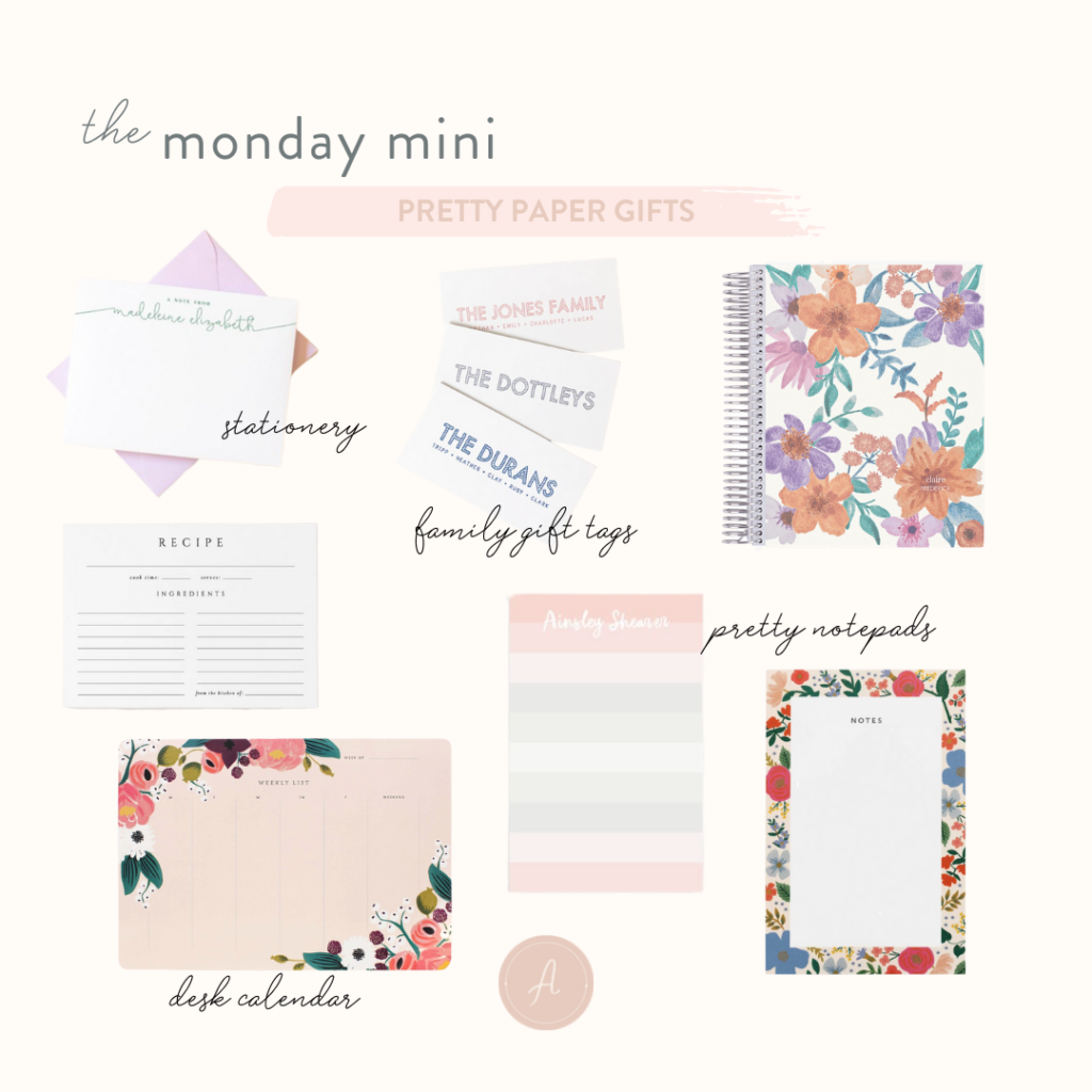 Shoppable photo collage with gift ideas for paper lovers like beautiful stationery and notepads.