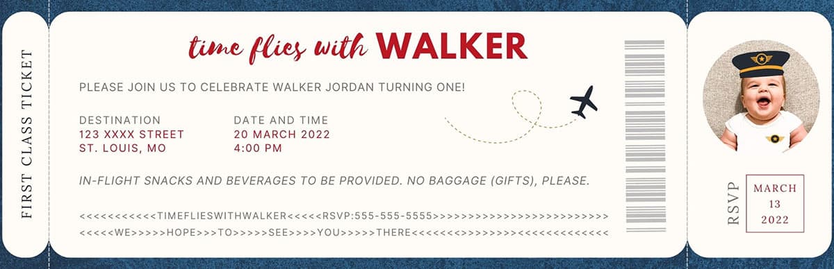 Airplane ticket style invitation made to send out for a first birthday party.