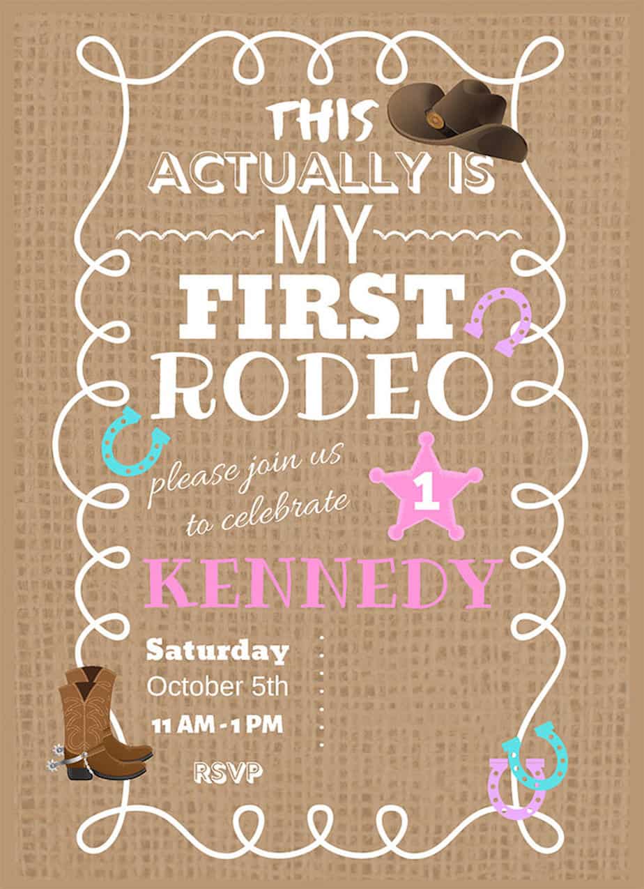 Invitation for first birthday party with a rodeo theme that has pink, blue and purple books, horseshoes and stars.