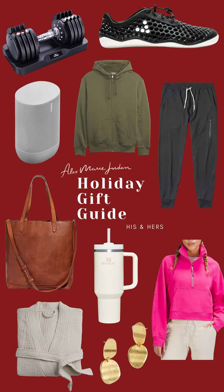 holiday gift guide for him and her featuring adjustable dumbbells, sneakers, leather bag, sweatshirts, cozy robe, earrings, and speaker.