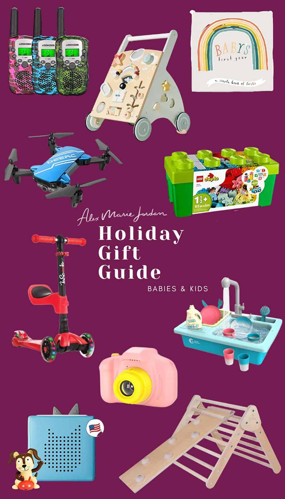 Gift guide for babies and kids featuring walkie talkies, building blocks, scooter, toddler camera, mini drone, and montessori toys.