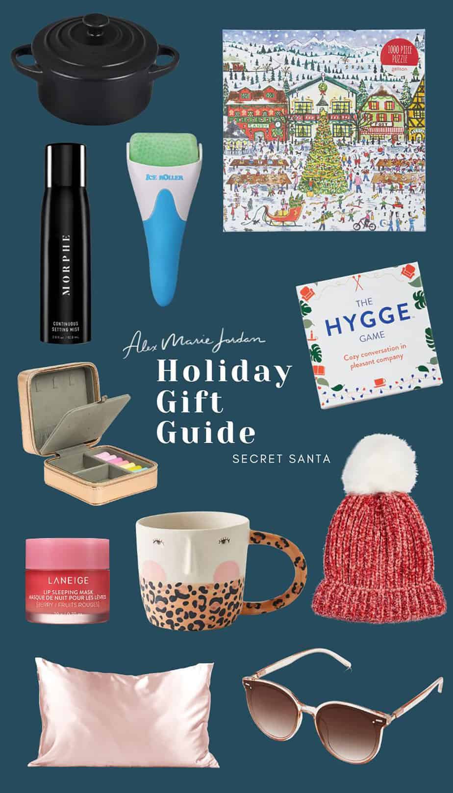 secret santa gift guide with makeup and beauty items, holiday puzzle, group game, fuzzy hat, sunglasses, silk pillowcase, and coffee mug.