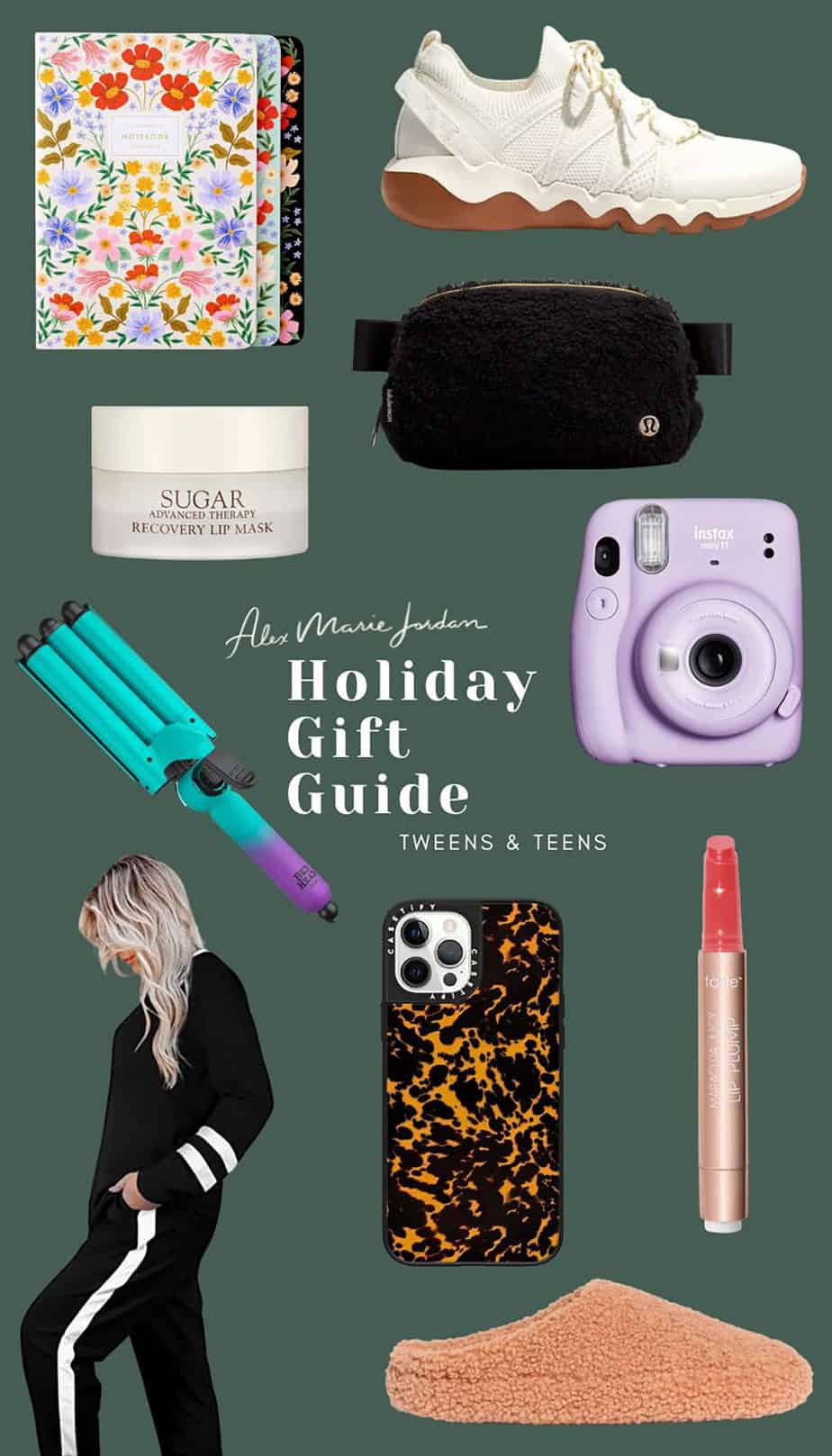 gift guide for pre-teens and teenage girls featuring sneakers, tracksuit, camera, slippers, beauty items like lipgloss, hair curler, fanny pack and pretty notebooks.