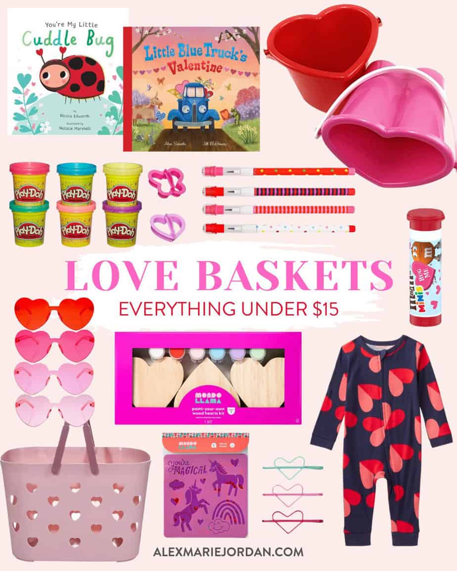 Collage photo with ideas for valentines baskets with sunglasses, heart pajamas, hair clips, heart themed crafts, playdoh, and books.