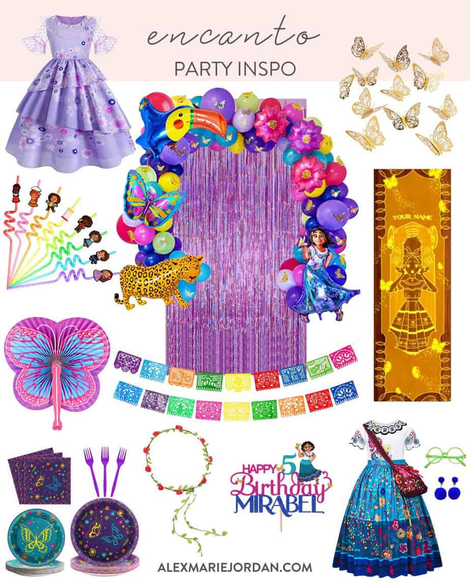 photo collage of Encanto party ideas like costumes for Isabela and Mirabel, gold butterflies, balloon garland and backdrops, gold door printable, paper banners, flower crowns, and party plates, napkins and utensils.