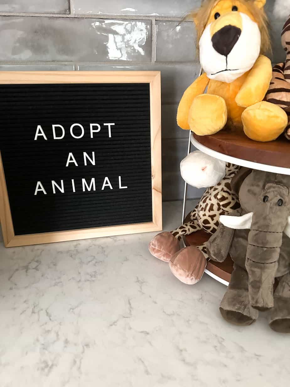 sign reads "adopt an animal" with a basket of jungle themed stuffed animals set out as party favors for second birthday party