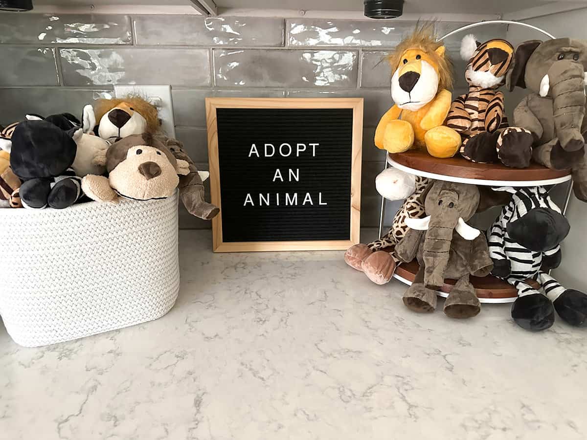 sign reads "adopt an animal" with a basket of jungle themed stuffed animals set out as party favors for second birthday party