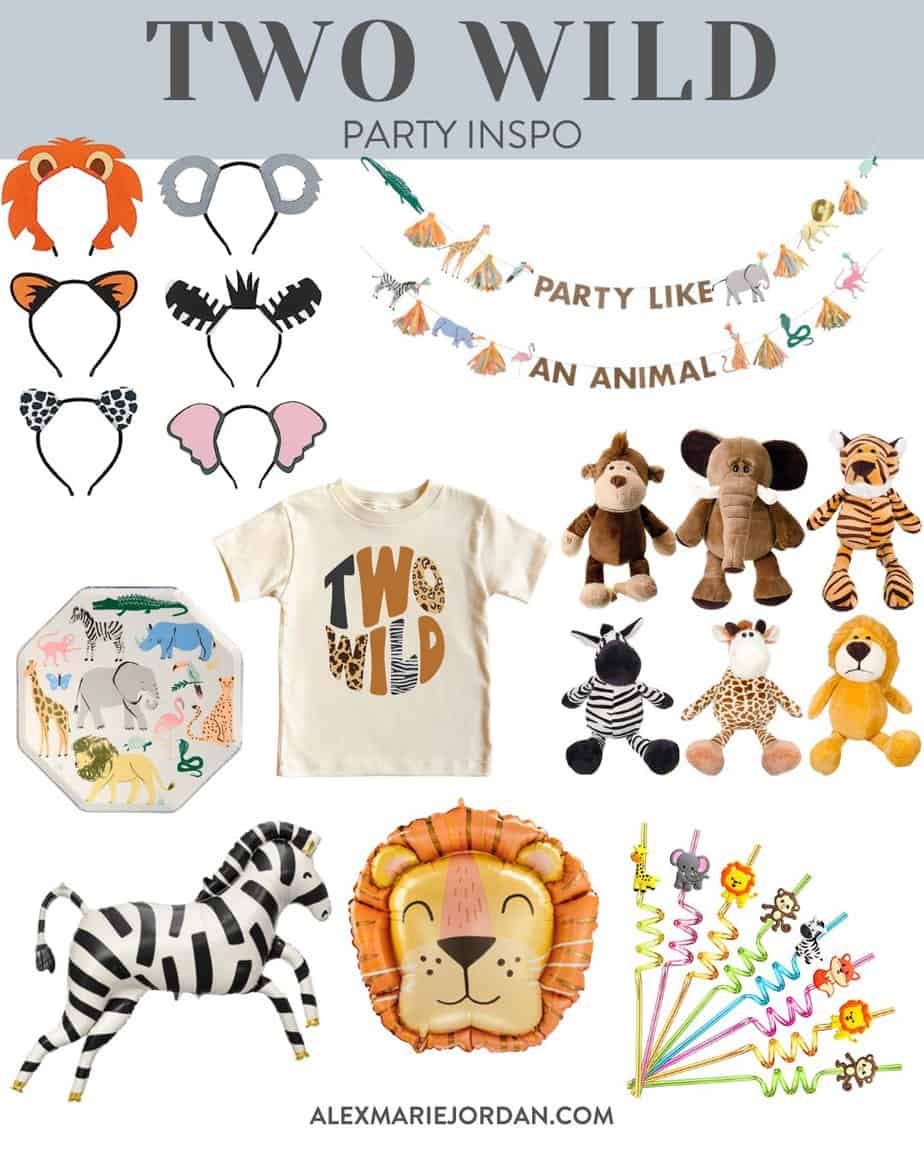 two wild party inspiration ideas - party like an animal banner, two wild tshirt, stuffed animals for favors, animal balloons and straws