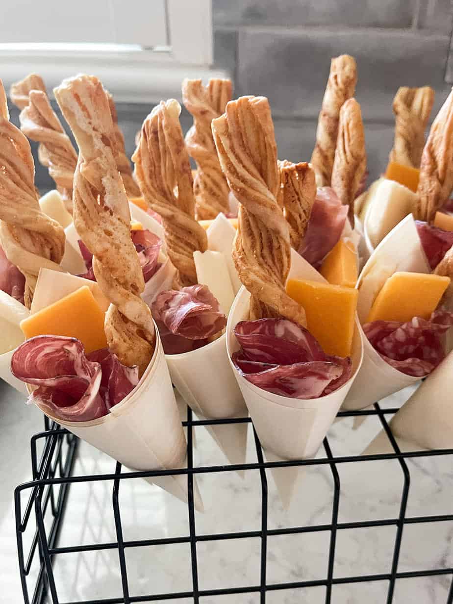 charcuterie cones filled with cheese, meat and crackers